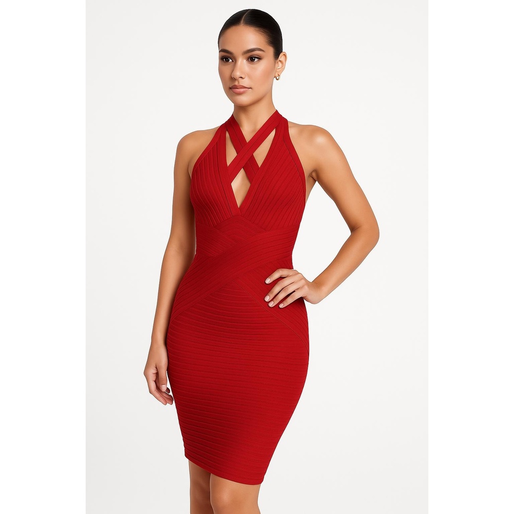 House Of CB London Red Womens Body Con Ribbed‎ Sleeveless Pleated Dress Large
